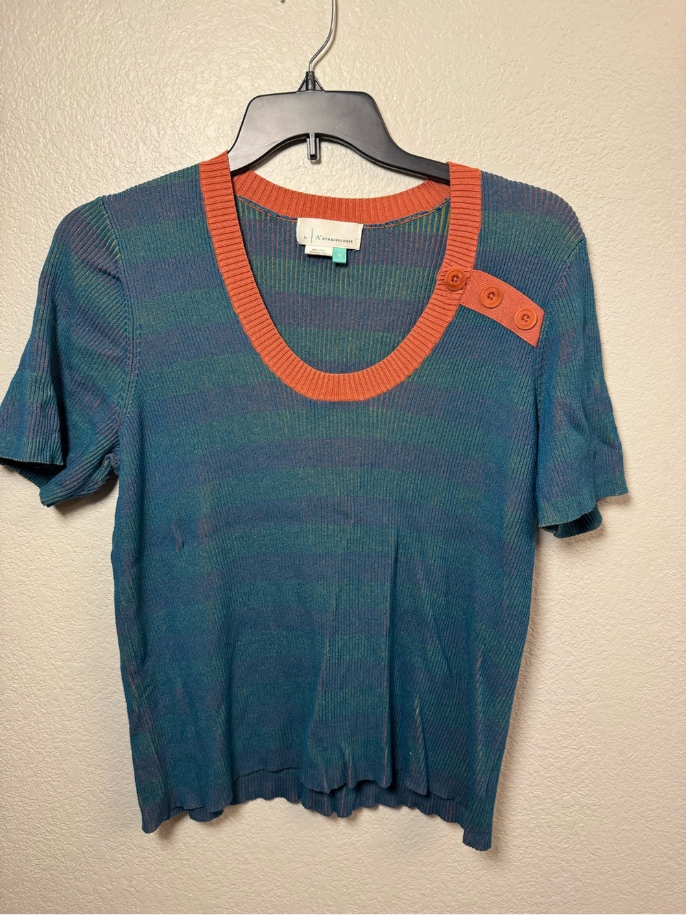 A+ by Anthropologie Marais Buttoned Knit Top Teal Orange Rust 1X Plus Size